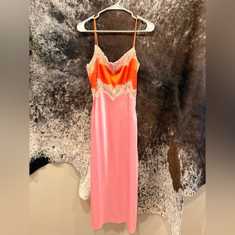 12th Tribe Orange and Pink Satin Slip Dress with Lace Trim
